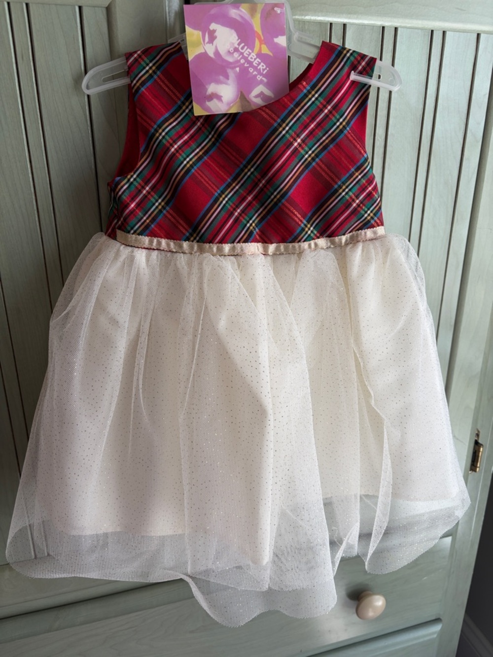 Blueberi Boulevard Red Plaid and Cream Glitter Tulle Dress with Satin Waistband